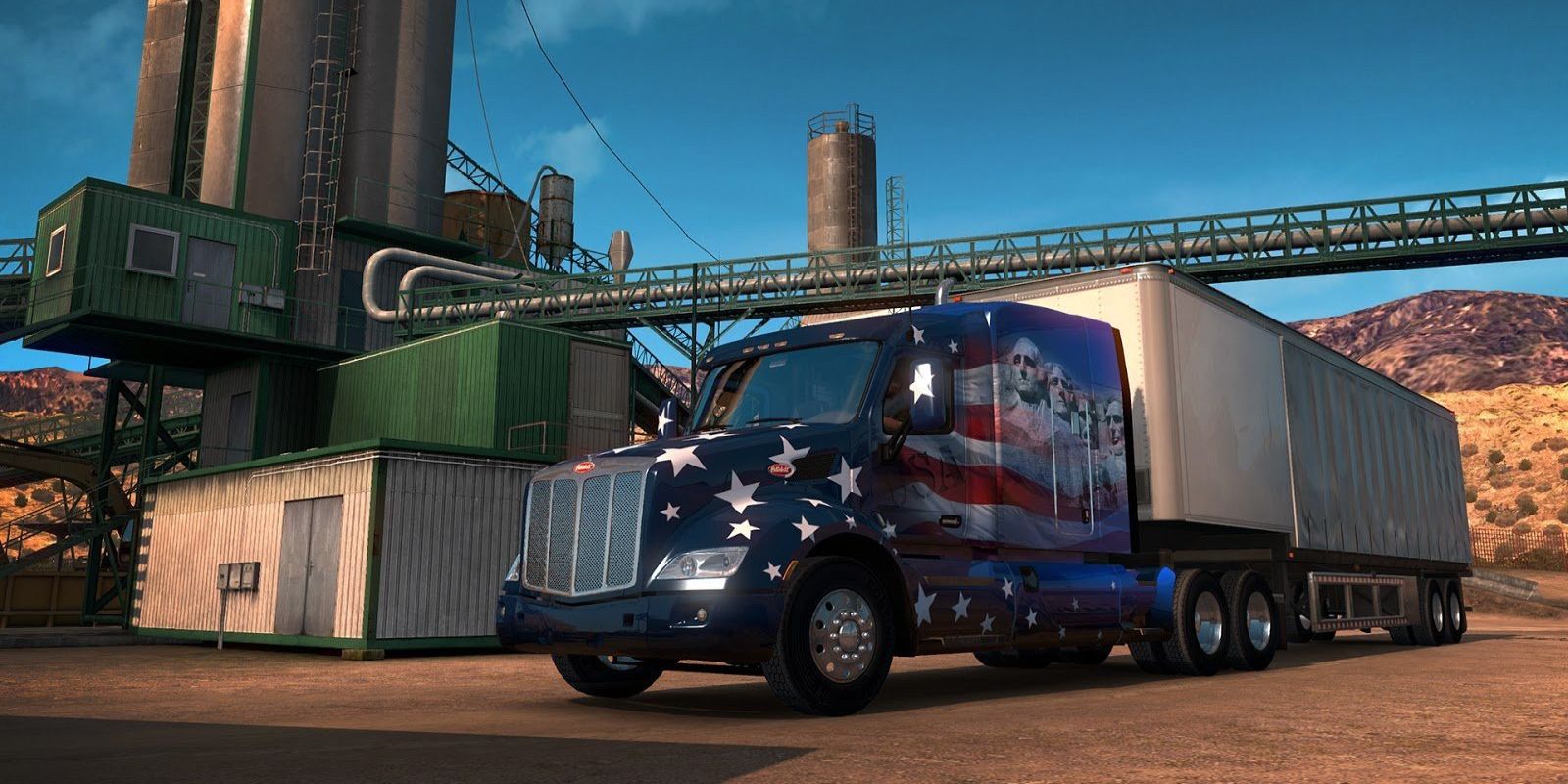 A screenshot of a tractor trailer and a mill in the video game American Truck Simulator.