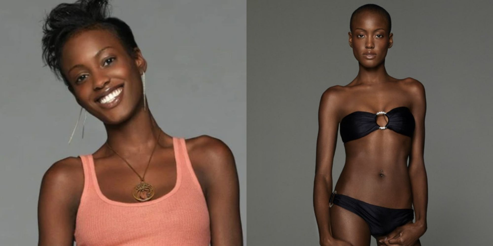 Split image showing Nnena with hair and with a bald head in ANTM