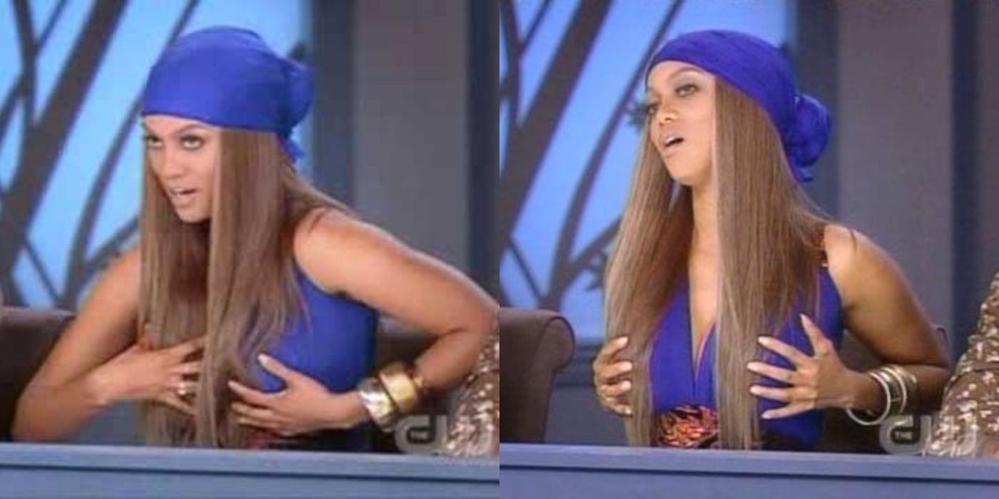 Split image of Tyra Banks talking while on the judges' panel in ANTM