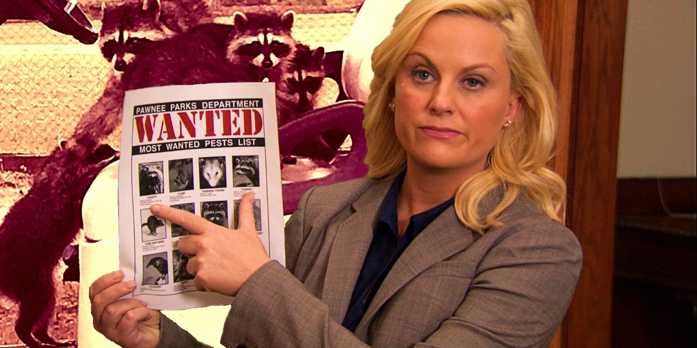 Amy Poehler as Leslie Knope with Wanted Pests Flier and Raccoons