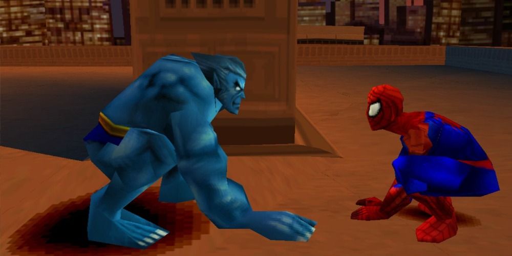 An image of Beast and Spider-Man looking at each other in Enter Electro