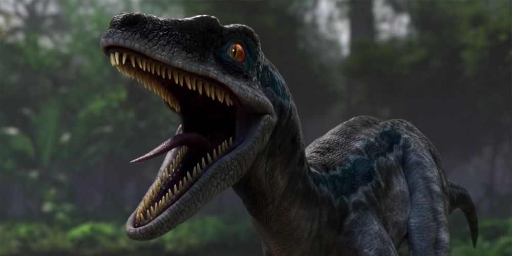 An image of Blue roaring in Jurassic World's Camp Cretaceous