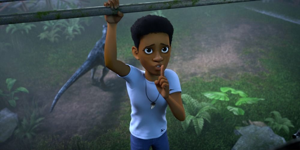 An image of Darius hanging onto a pole in Jurassic World: Camp Cretaceous