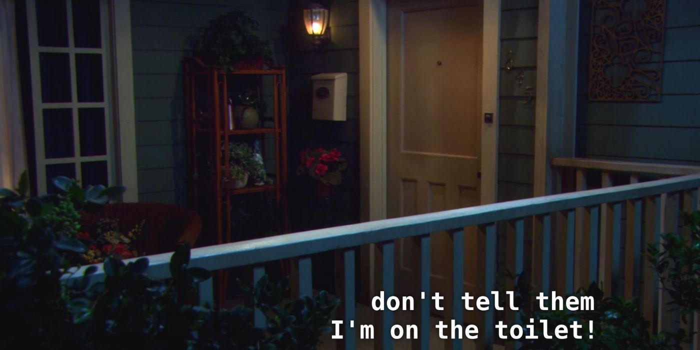 An image of Howard's porch while he and his mom are talking inside on TBBT