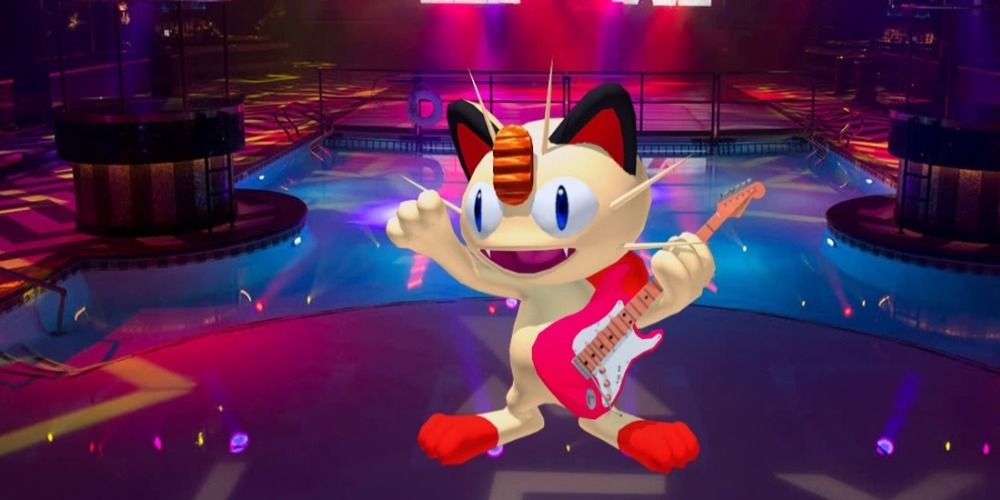 An image of Meowth playing a guitar in Pokemon