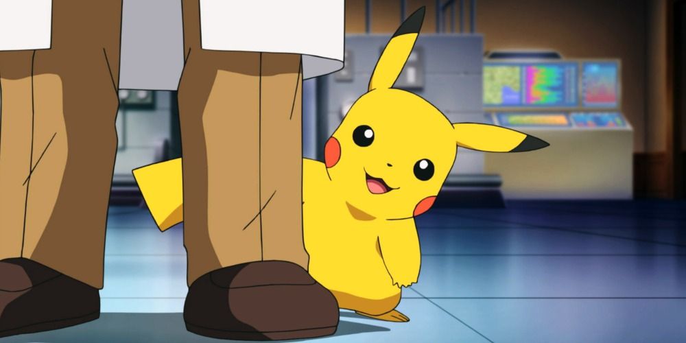 An image of Pikachu hiding behind a person's leg in Pokemon