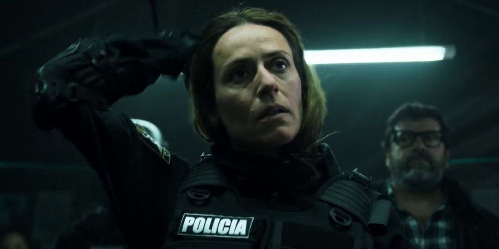 An image of Raquel wearing a police officer uniform in Money Heist