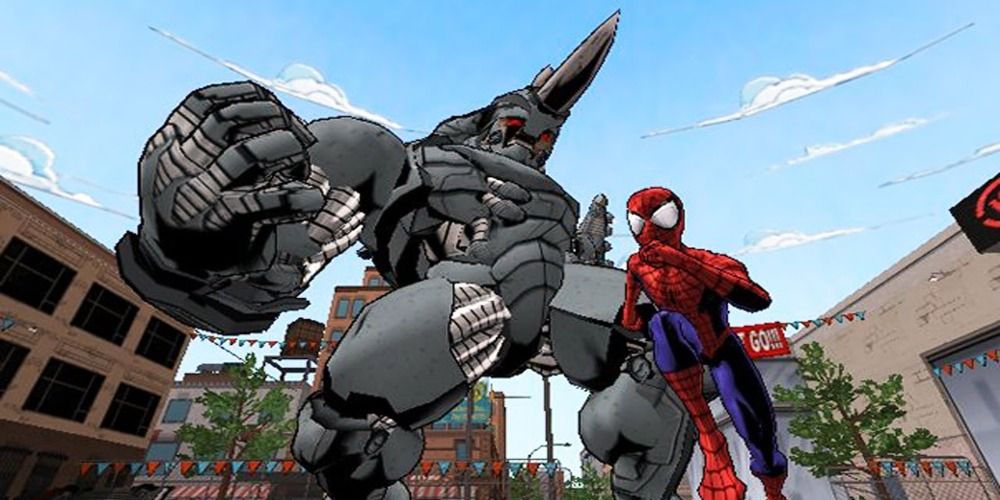 An image of Rhino and Spider-Man fighting in Ultimate Spider-Man game