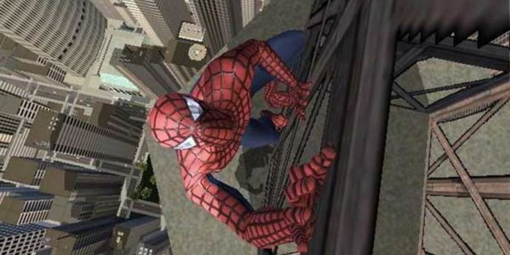 Spider-Man climbing a tower in the Spider-Man 2 game