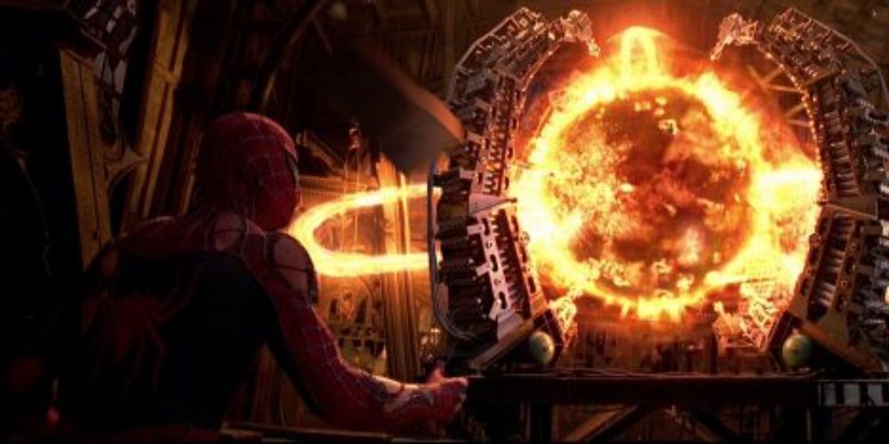 An image of Spider-Man looking at Doc Ock's machine growing out of power in Spiderman 2