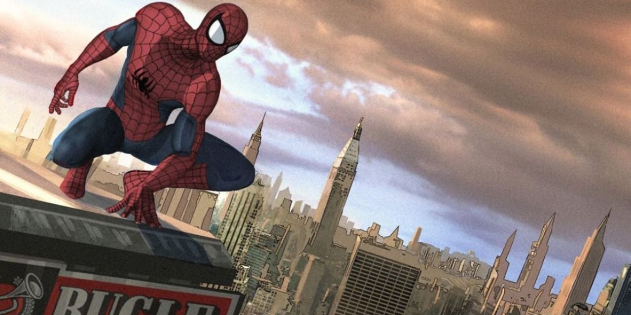An image of Spider-Man posing on the building in Spider-Man: Shattered Dimensions