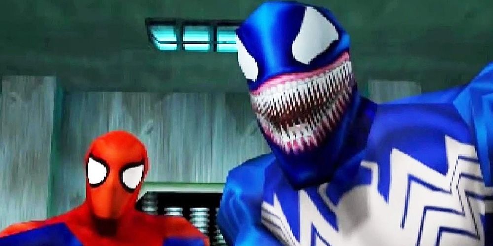 An image of Spiderman and Venom smiling in the Spider-Man 2000 game