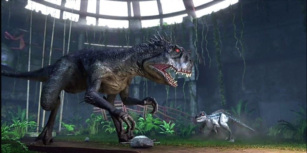 An image of the Scorpius Rex and Blue fighting in Camp Cretaceous