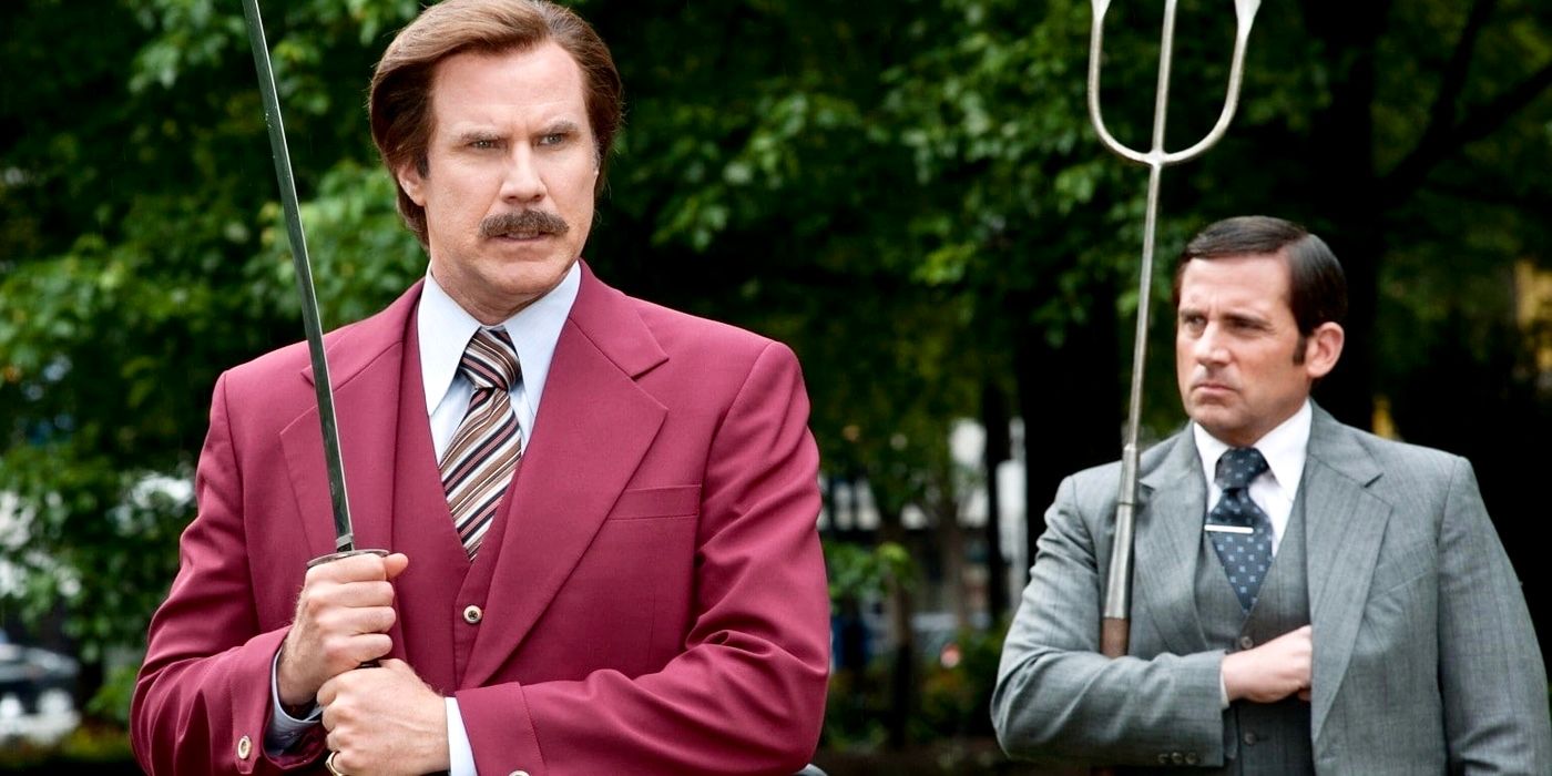 Will Ferrell as Ron Burgundy holding a pitchfork in Anchorman 2