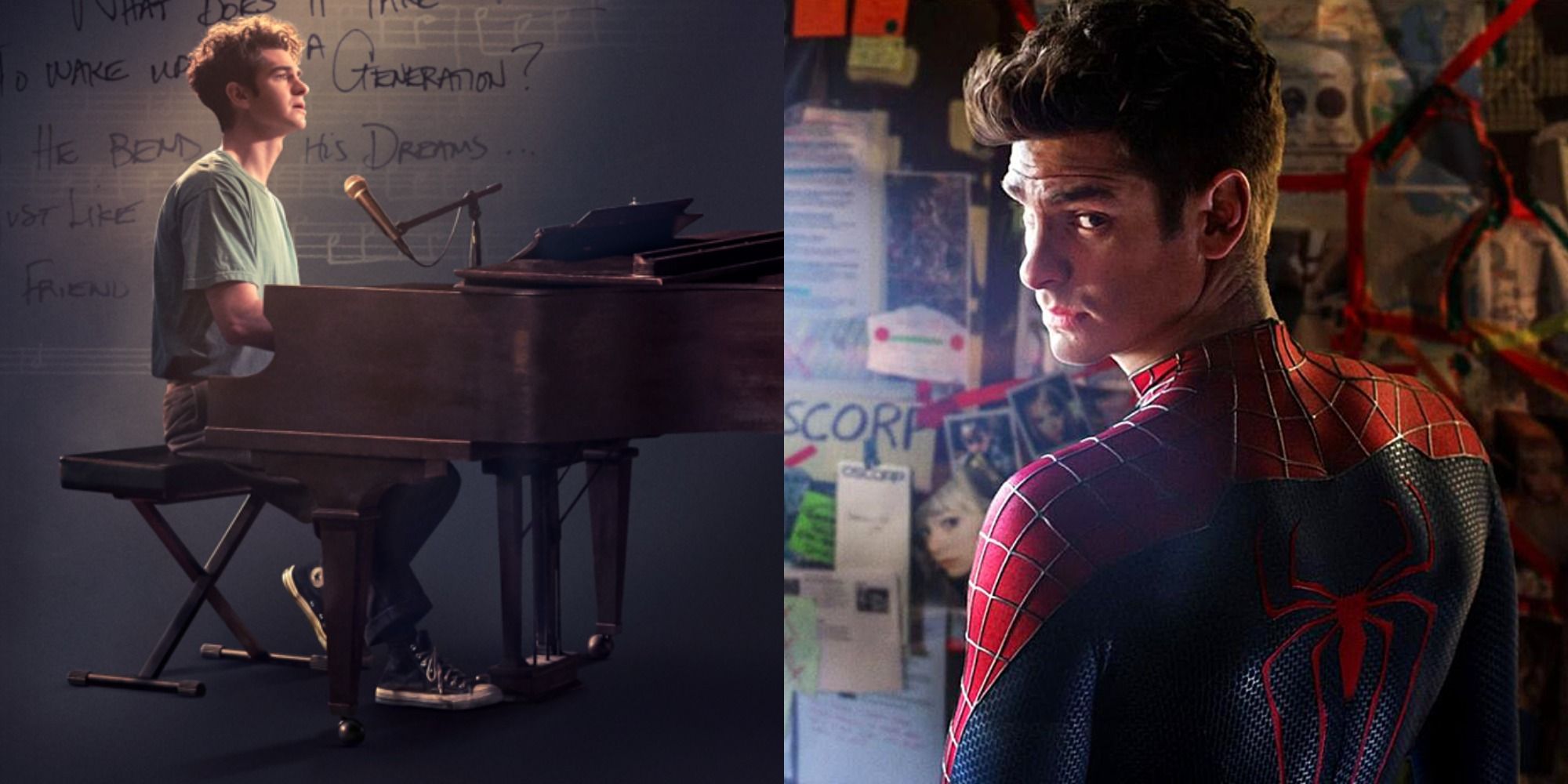 Split image showing Jonathan Larson in tick, tick, BOOM!, and Peter Parker in The Amazing Spider-Man