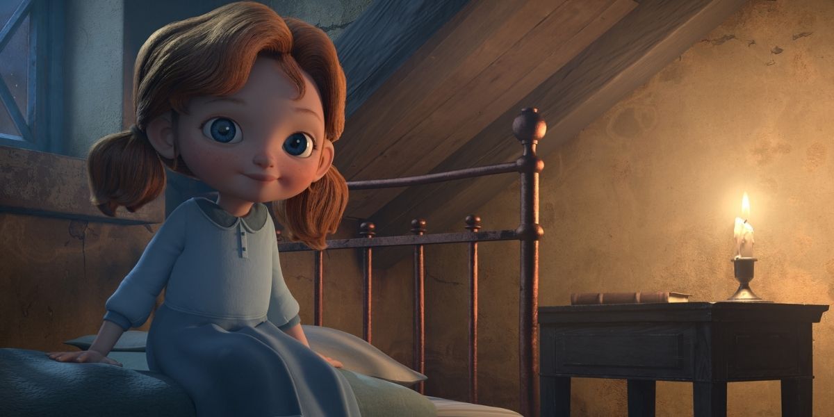 Angela sitting on her bed in Angela's Christmas (2017)
