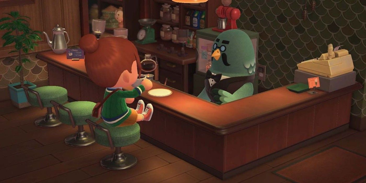 Um personagem do jogador se senta no balcão do café Brewster em Animal Crossing New Horizons