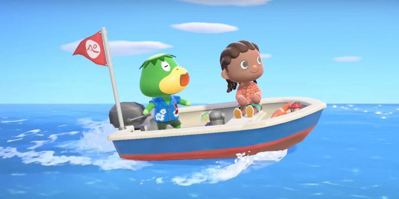A player rides on Kappn's boat in Animal Crossing New Horizons