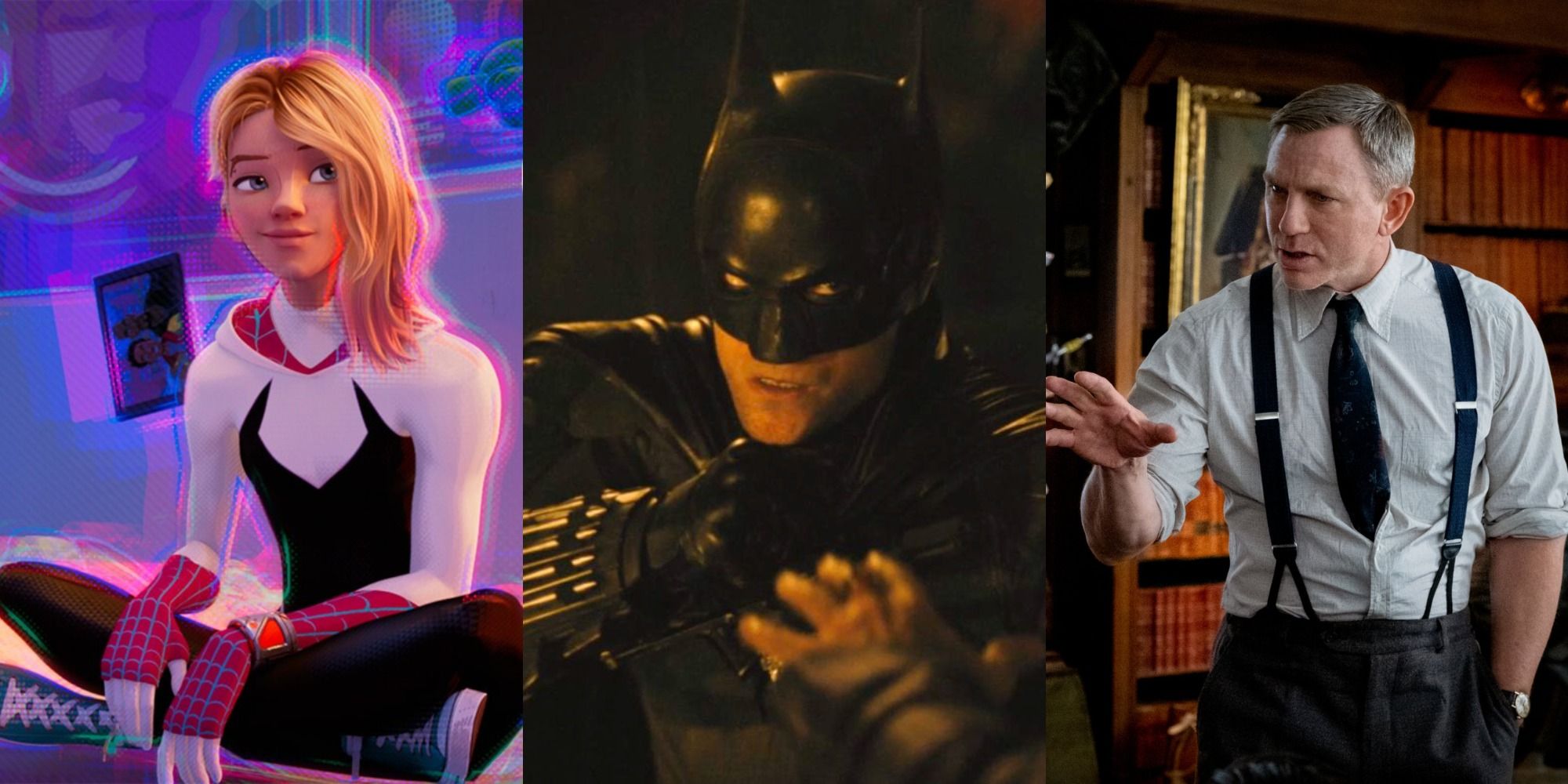 Split image of Gwen Stacy in Across the Spider-Verse, The Batman, and Daniel Craig in Knives Out