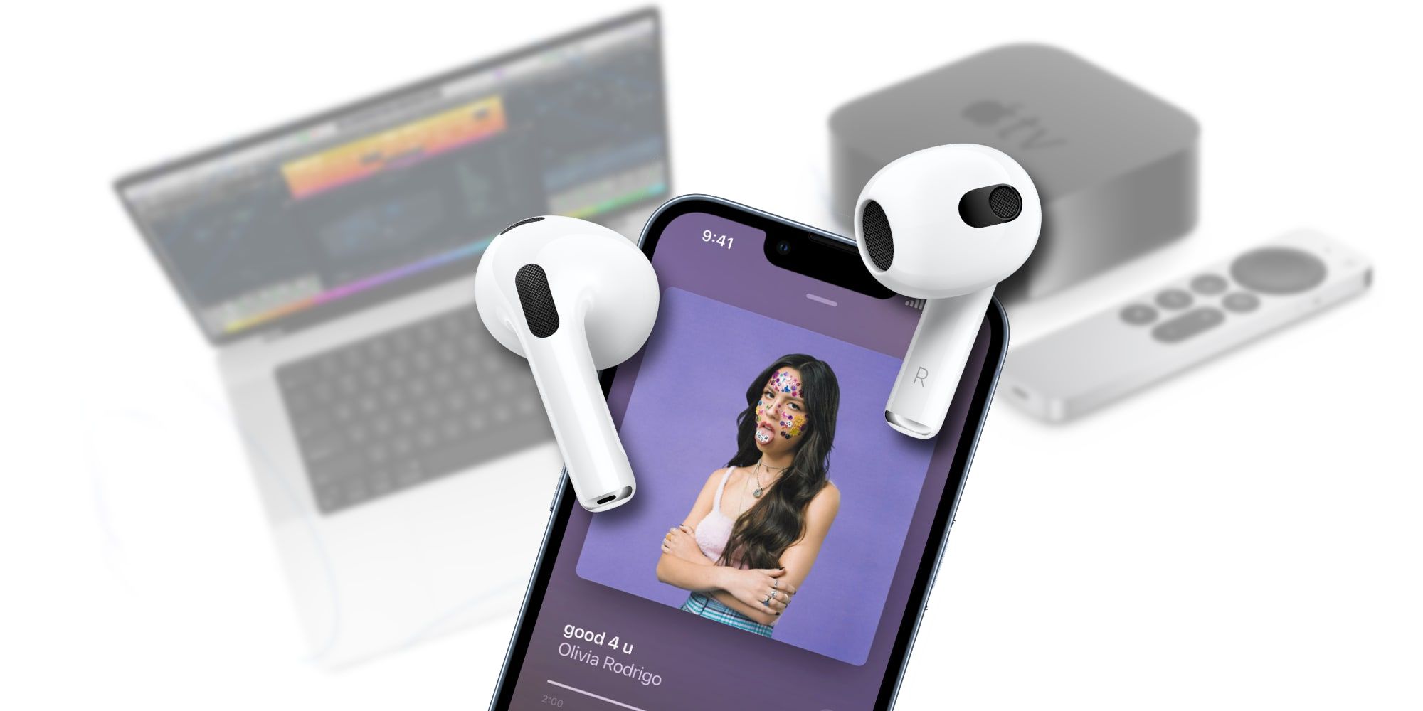 Apple AirPods Over iPhone With Faded MacBook Pro And Apple TV In BG