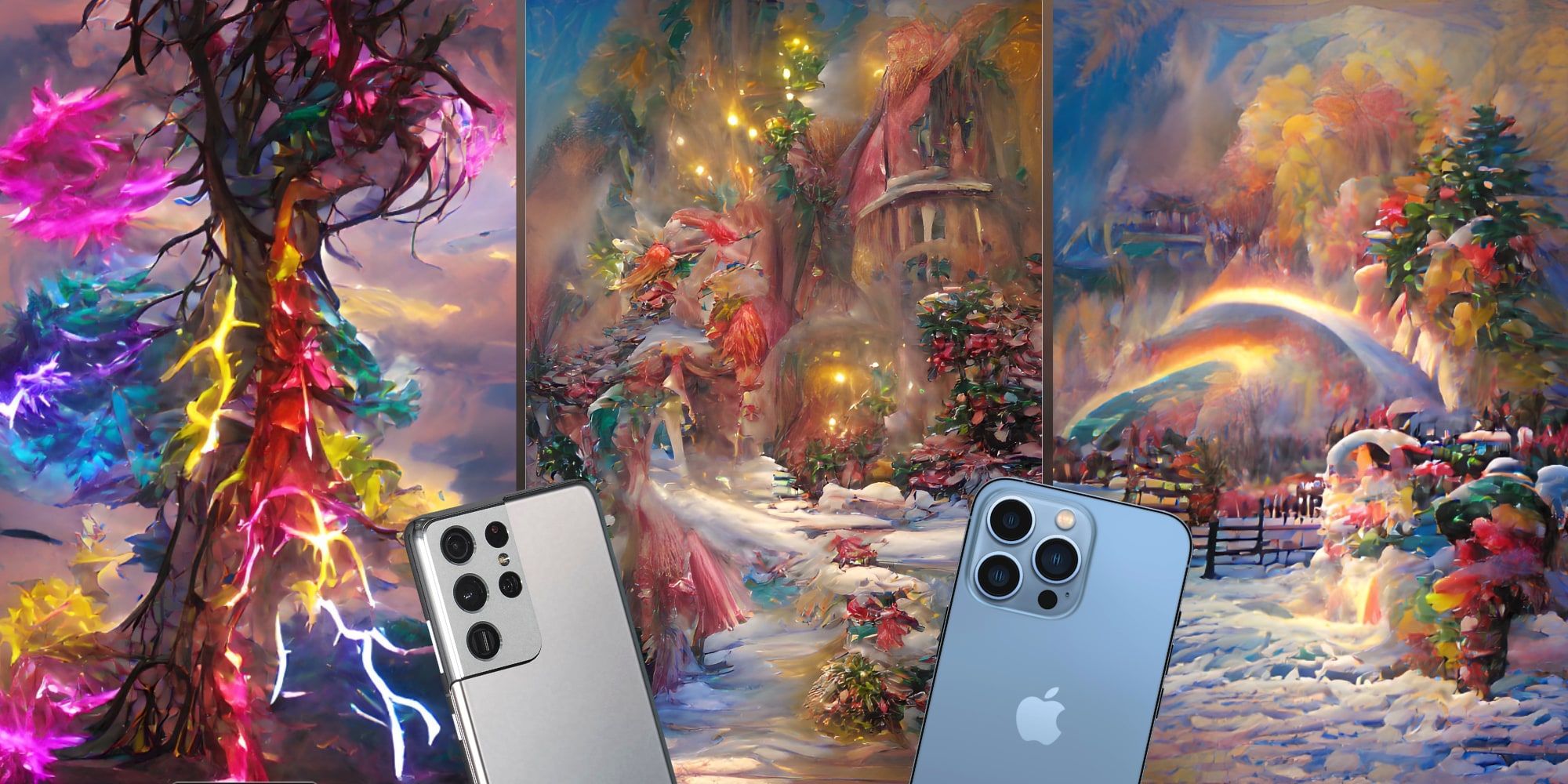 Apple iPhone 13 Pro And Samsung Galaxy S21 Ultra Over AI Art From Dream By Wombo App