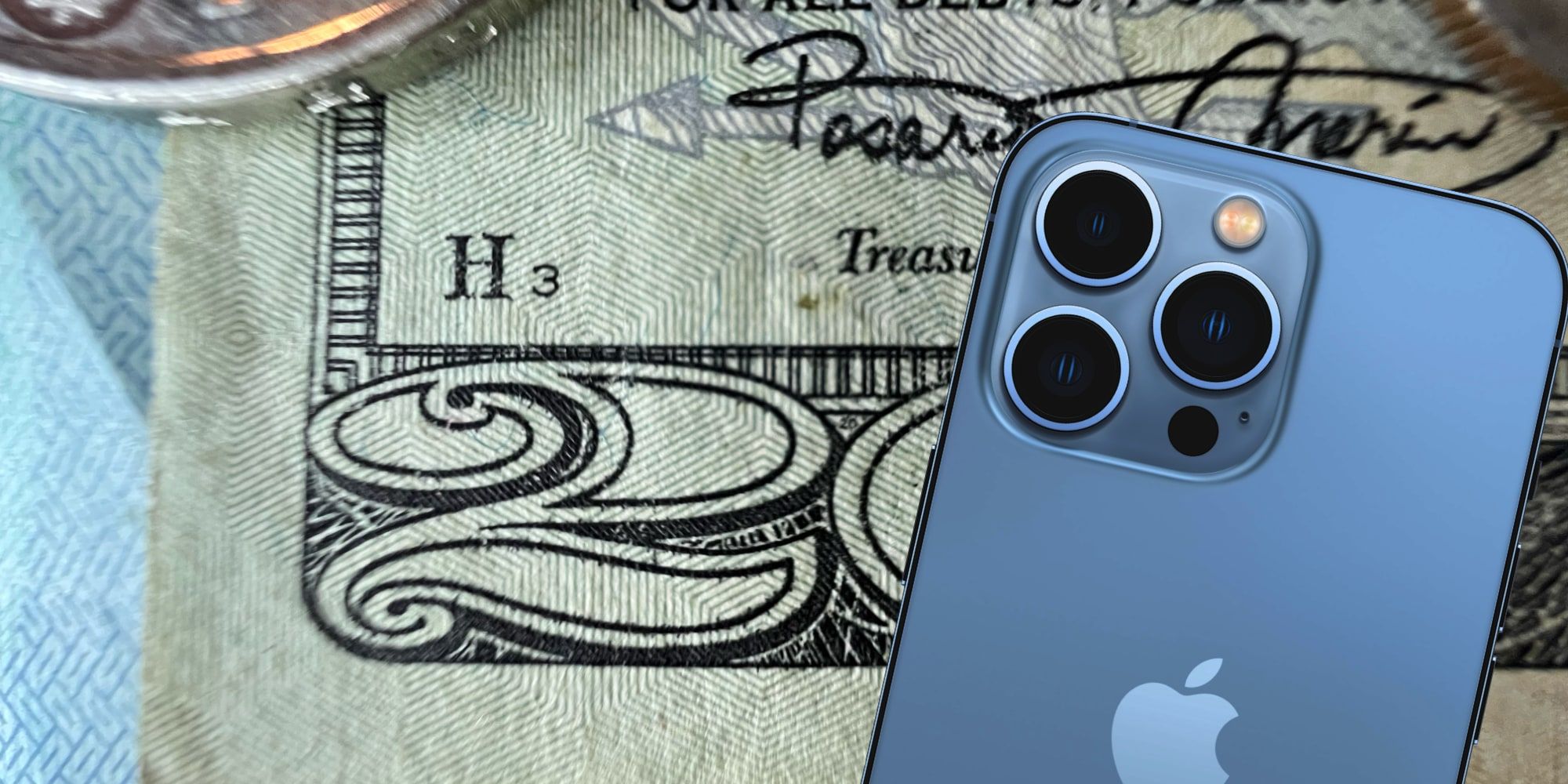 Apple iPhone 13 Pro Over Close Up Macro Shot Of 20 Dollar Bill