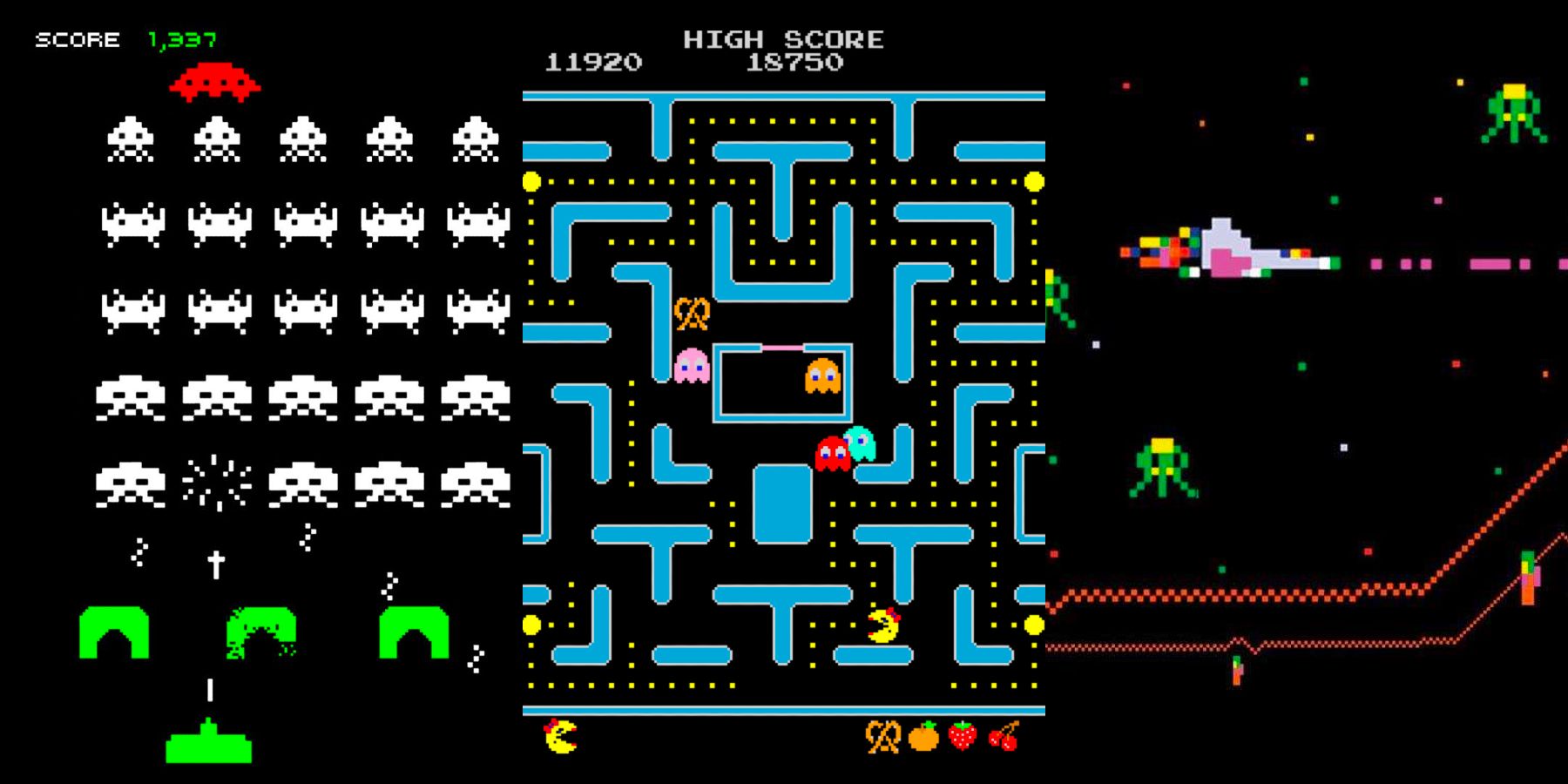 Split image showing gameplay screenshots from Space Invaders, Ms. Pac-Man, and Defender.