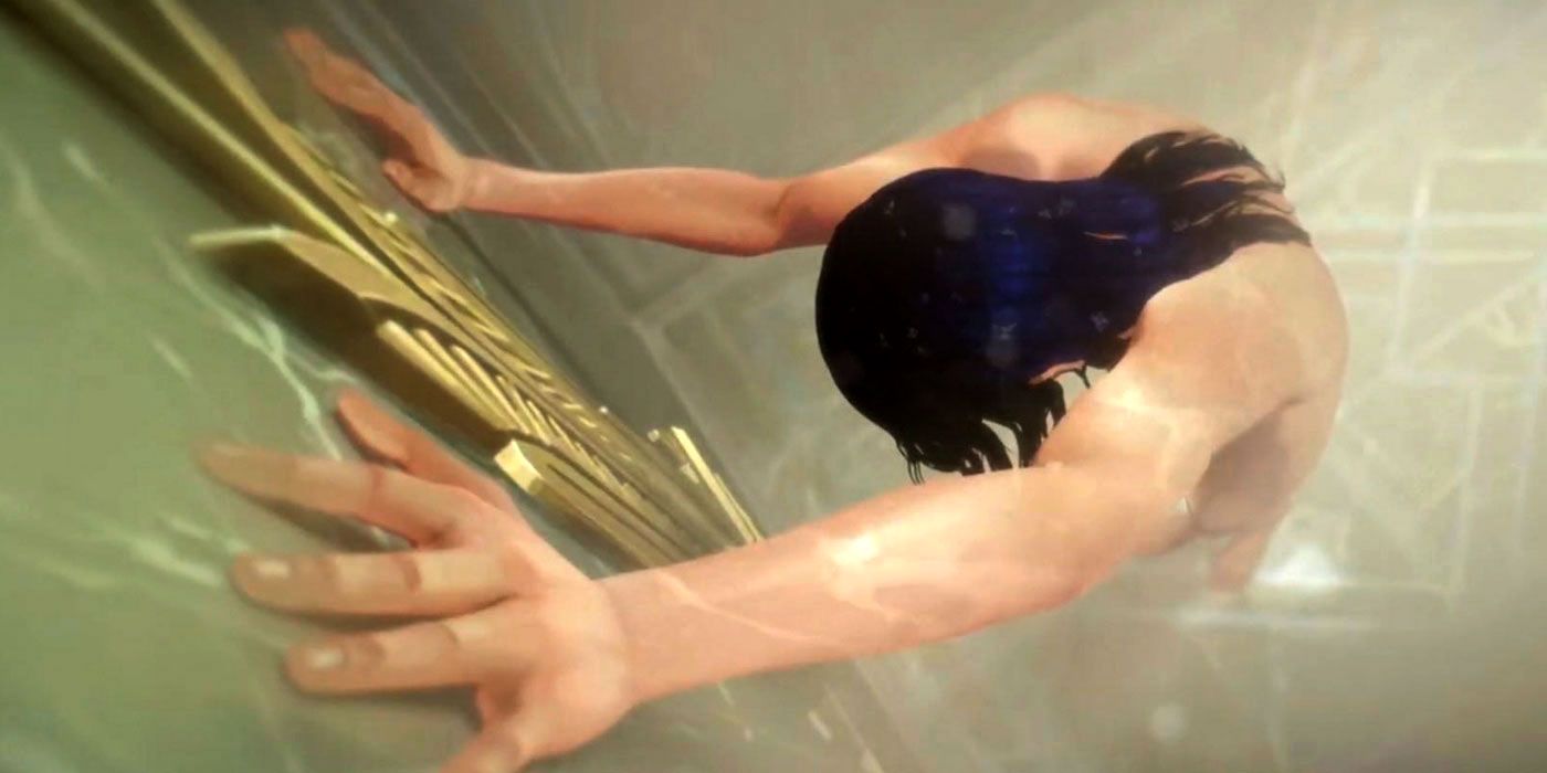 Caitlyn from Arcane, taking a shower while wracked with despair