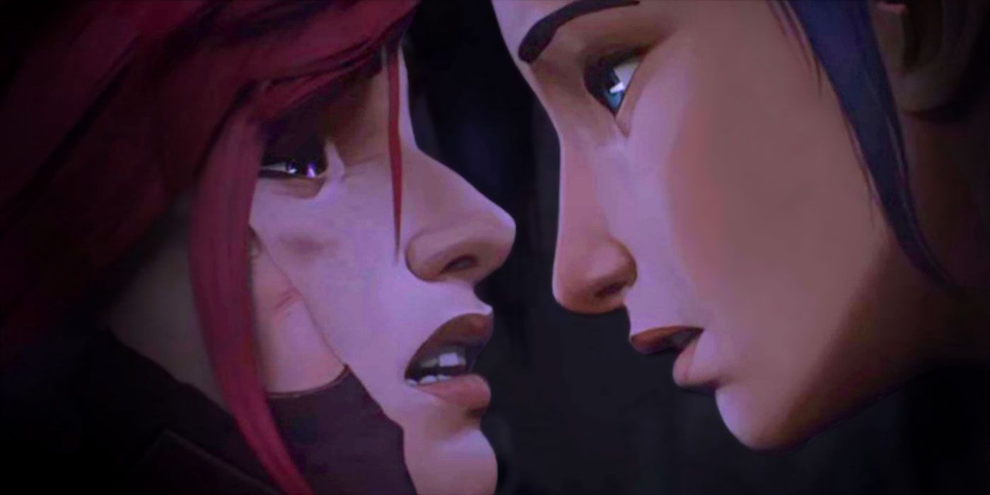 Vi and Caitlyn from Arcane, holding their faces tantalizingly close together