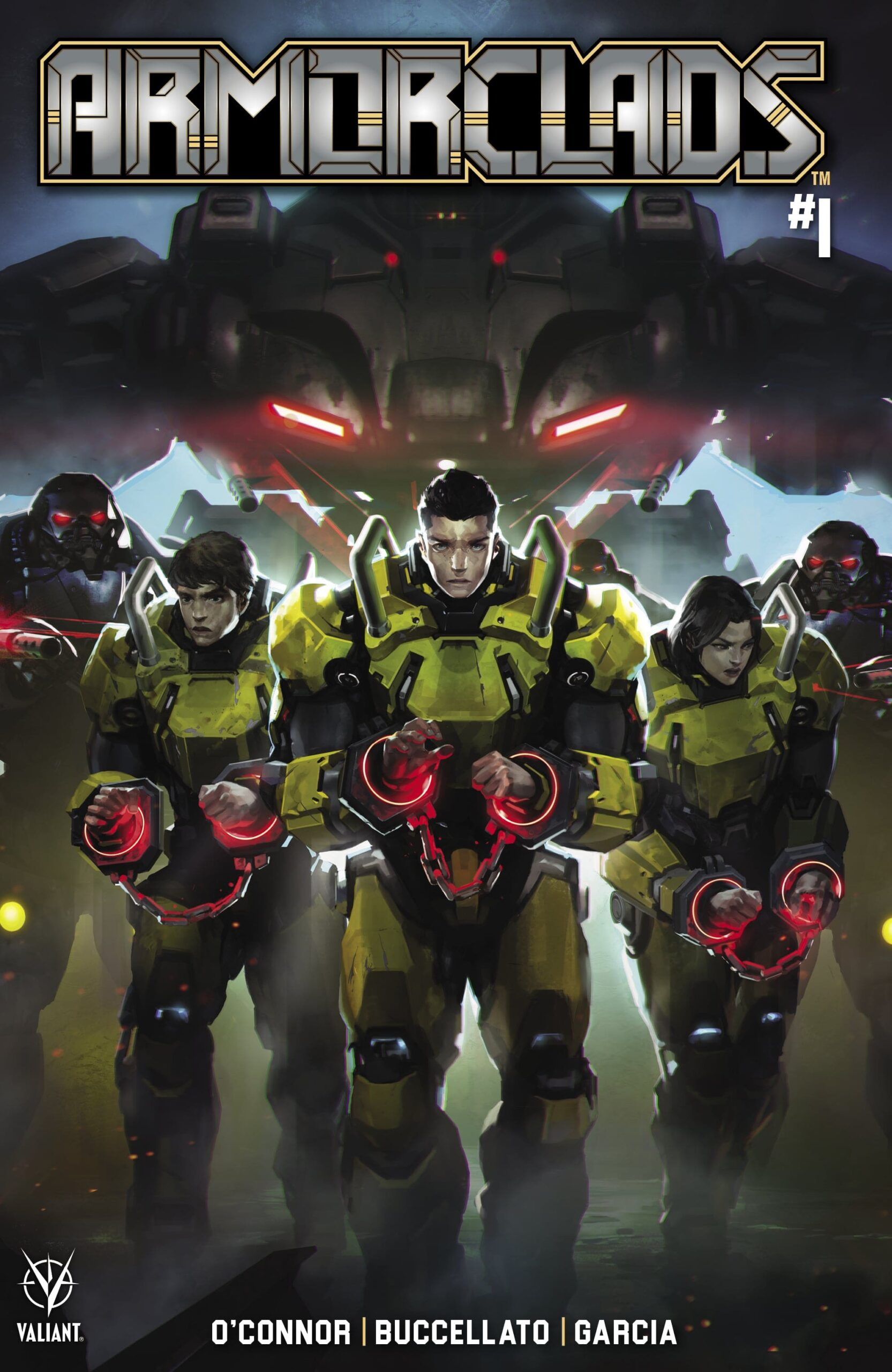 Armorclads 1 cover, showing prisoners in mech suits handcuffed