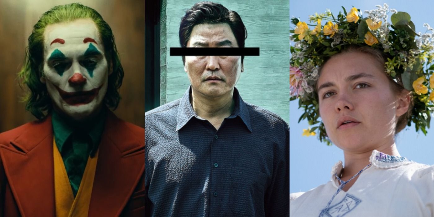 Three images showing Arthur from Joker, the father from Parasite, and Dani from Midsommar.