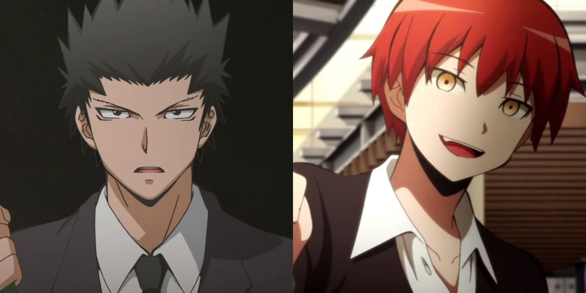 Split image of Karasuma glaring & Karma laughing in Assassination Classrom