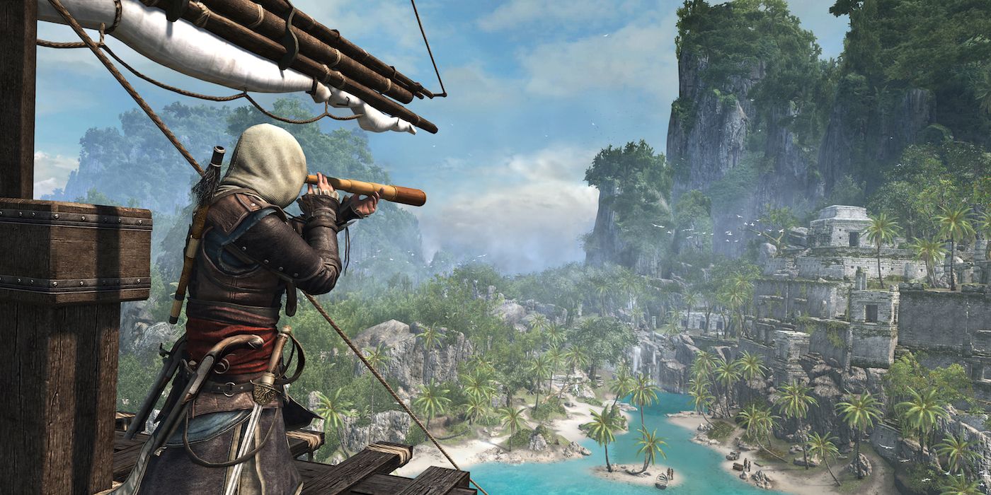 Edward Kenway peers through a scope in Assassin's Creed Black Flag.