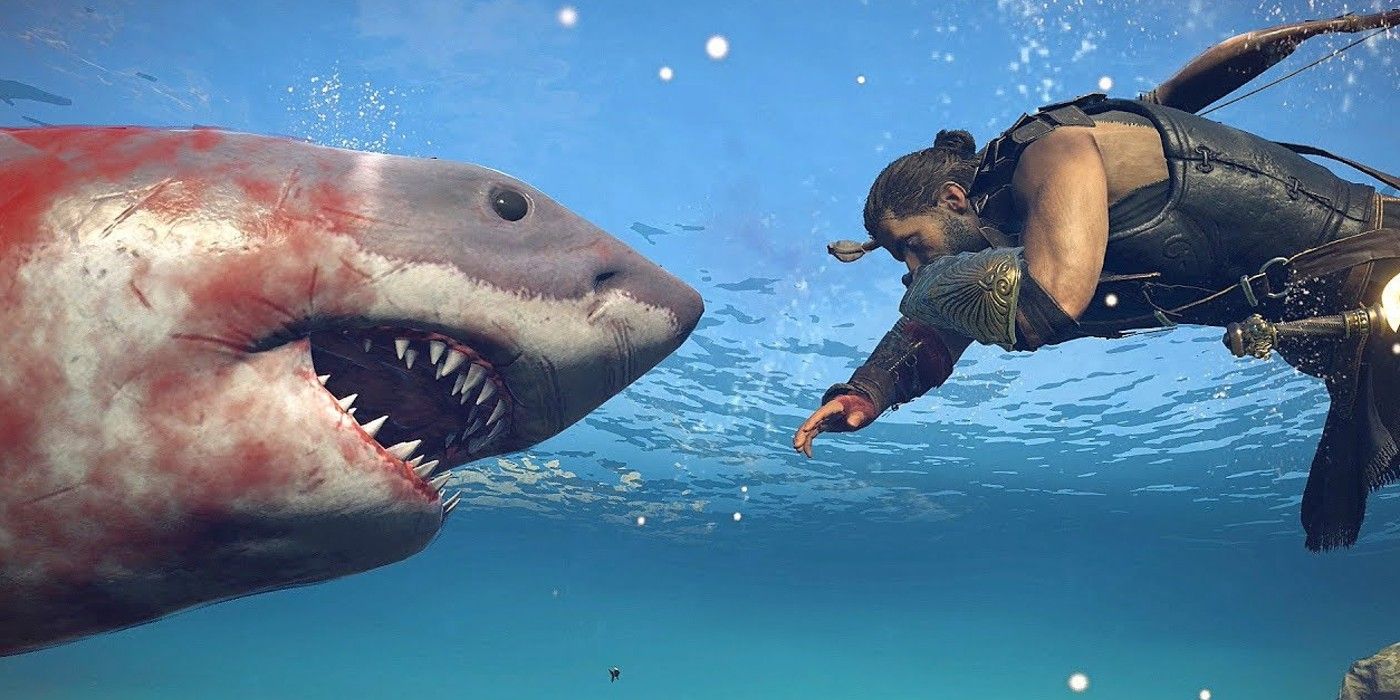 Alexios fighting a shark in Assassins Creed Odyssey