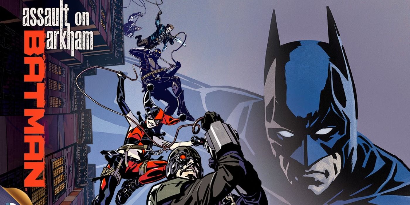 Members of Suicide Squad swinging through Gotham with Batman in the background for Assault on Arkham's promo art