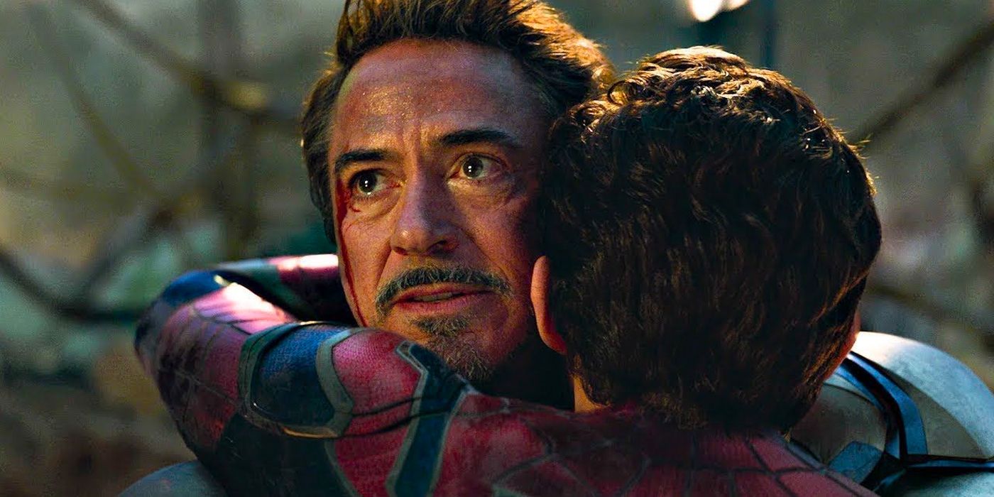 Iron Man hugs Spidey on the battlefield in Avengers Endgame
