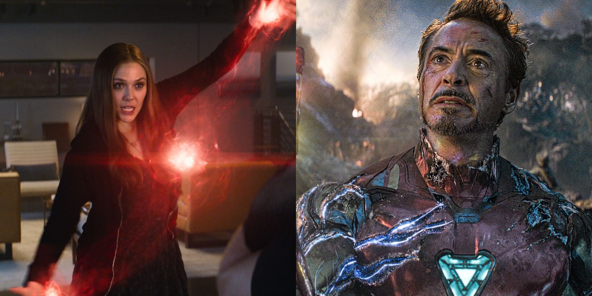 Split image of Wanda using her powers and Tony Stark doing the snap