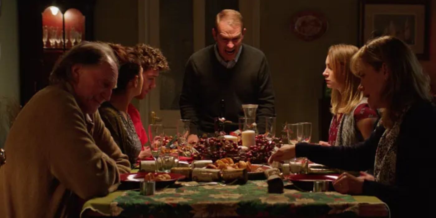 A family eating dinner in Await Further Instructions
