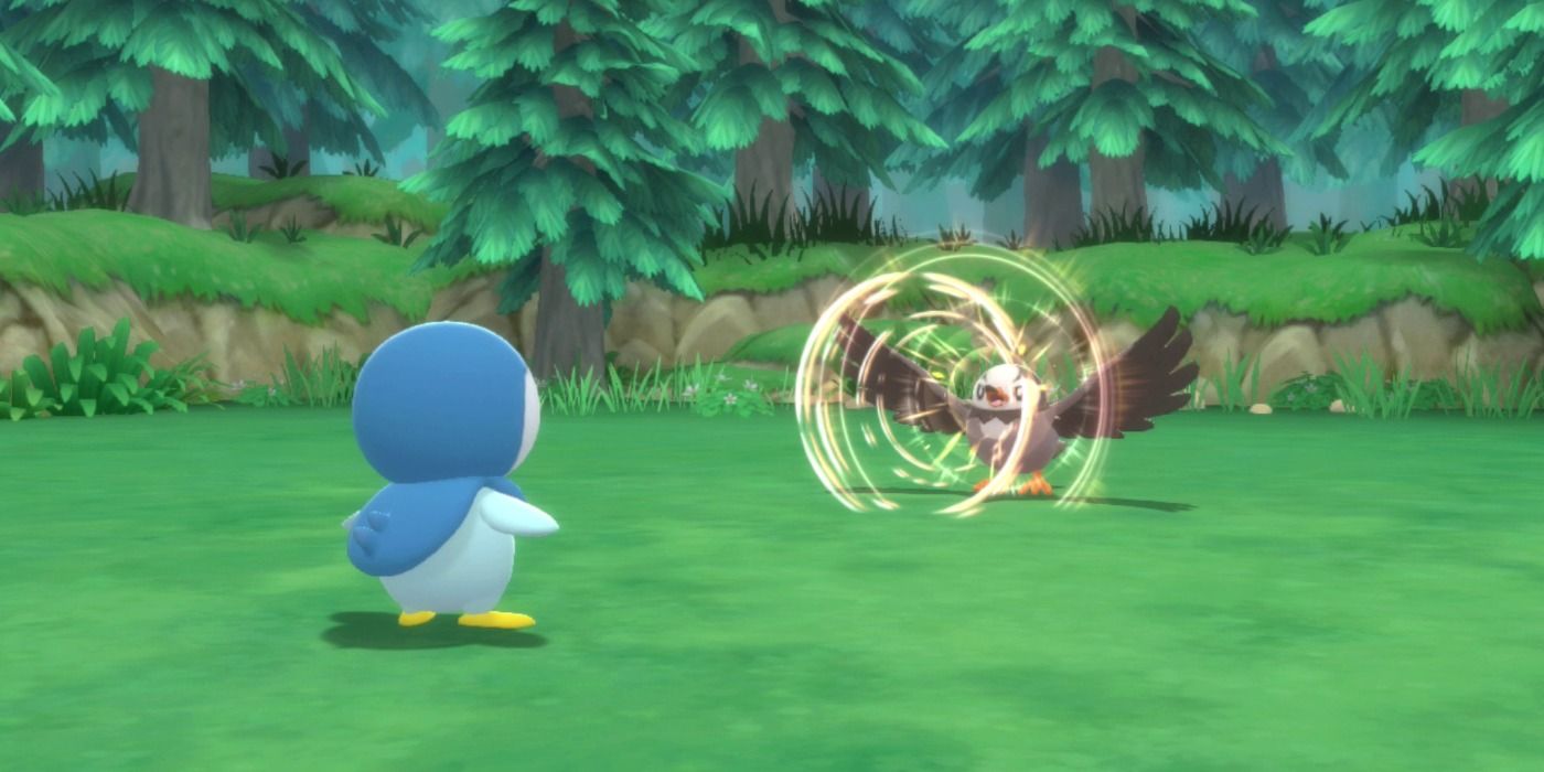 Piplup battling a wild Starly in Pokemon Brilliant Diamond and Shining Pearl