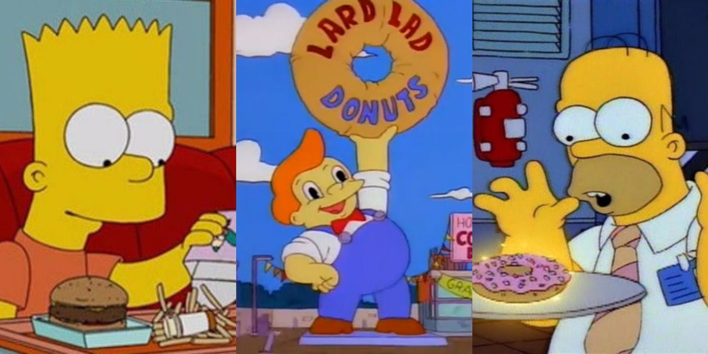 Split image of Bart, Lard Lad Donuts, and Homer Simpson in The Simpsons