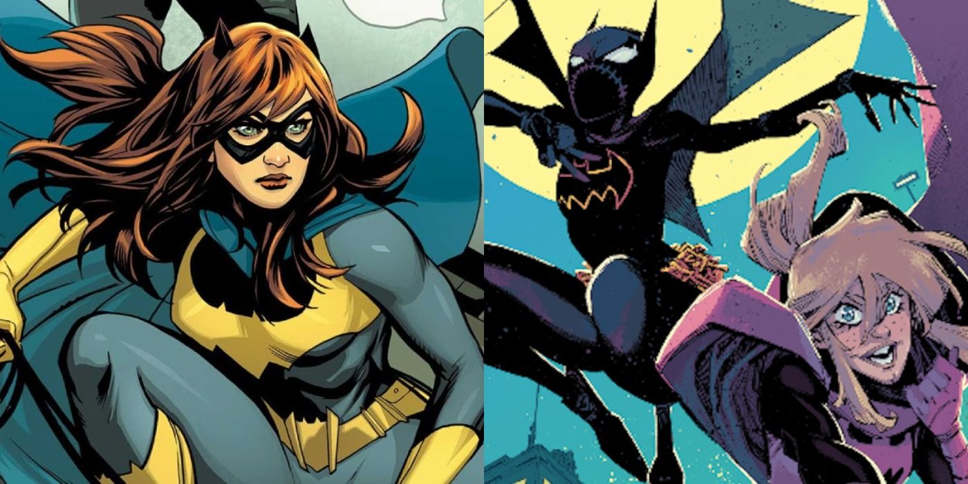 Split image of Barbara Gordon as Batgirl, and Cass Cain and Stephanie Brown swinging through Gotham in their stylized comic series