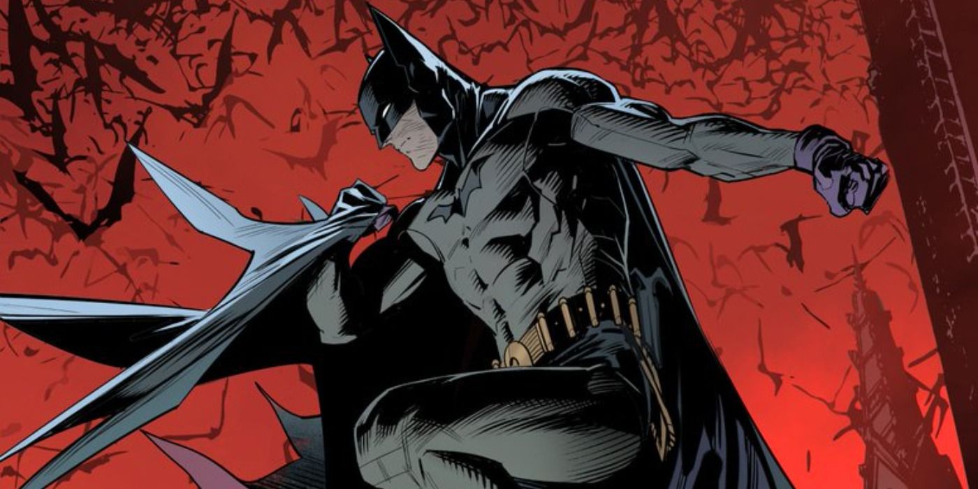 Dan Mora&rsquo;s art of Batman perched on a building with bats swarming in the background