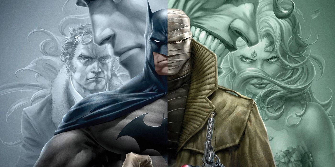 Batman and Hush split in half with the supporting cast in the background
