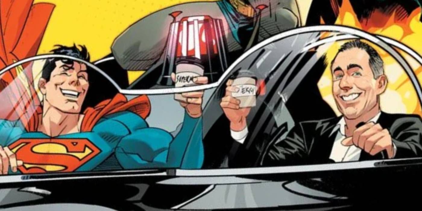 Jerry Seinfeld Joins Superman and Batman in the Batmobile Getting Coffee
