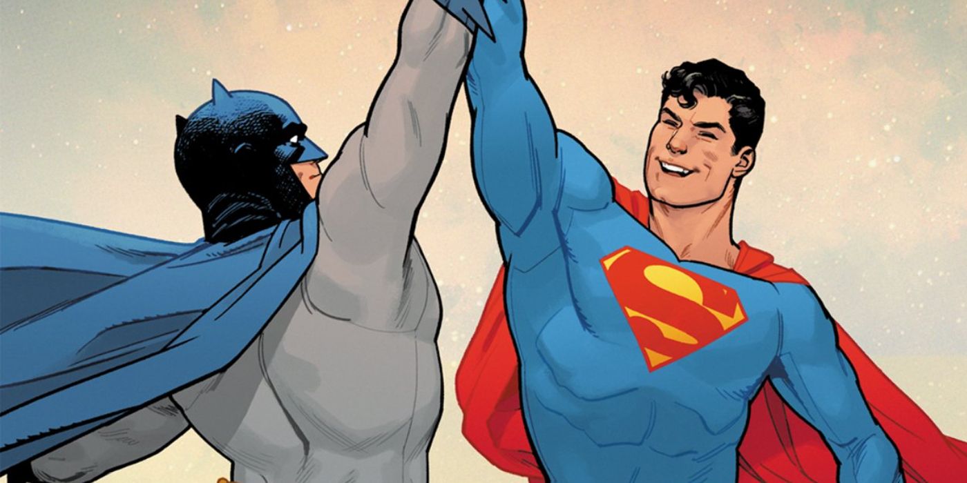 Batman e Superman dão um high five na capa de incentivo de Batman/Superman: World's Finest #1.