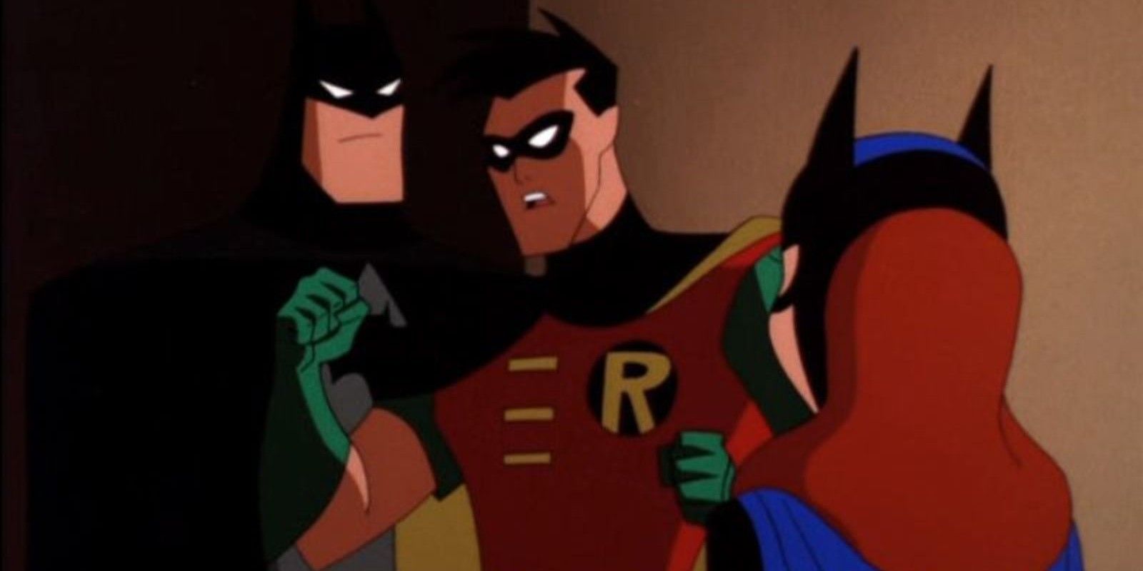 Robin, Batgirl e Batman brigando em The New Batman Adventures