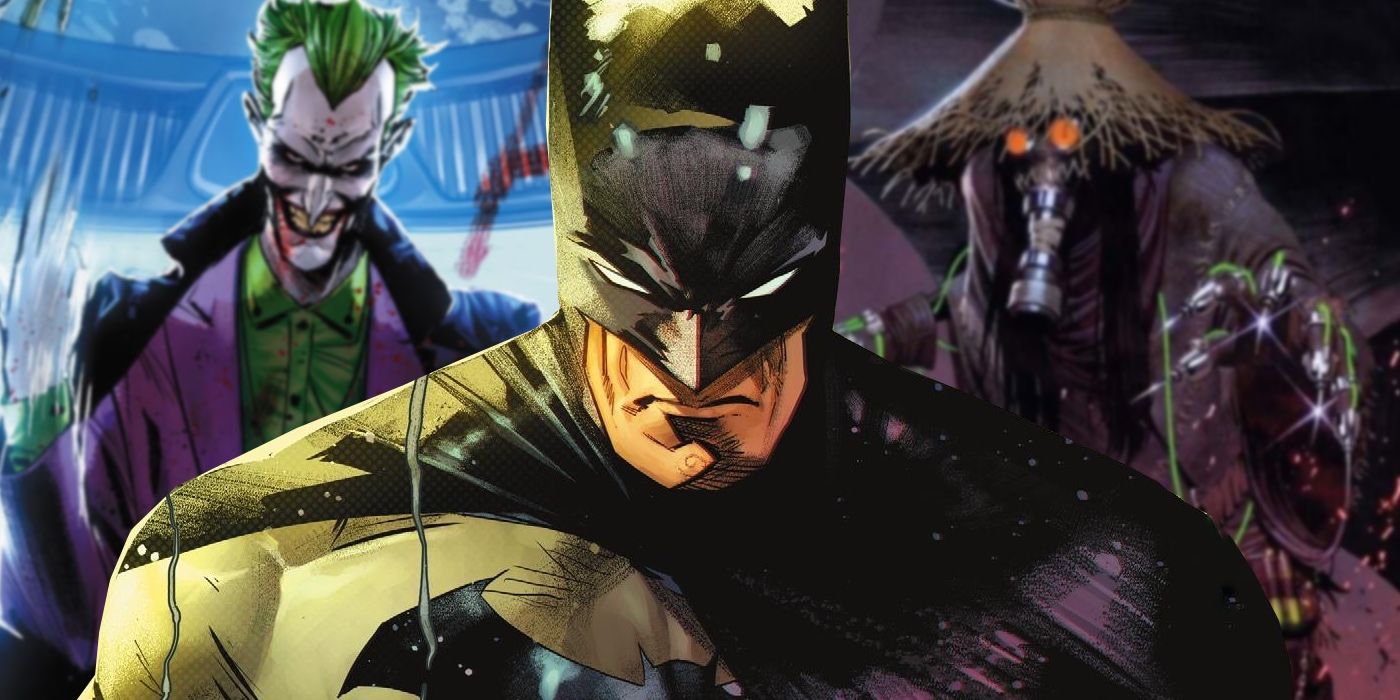 Comic book art: Batman in front of the Joker and Scarecrow.