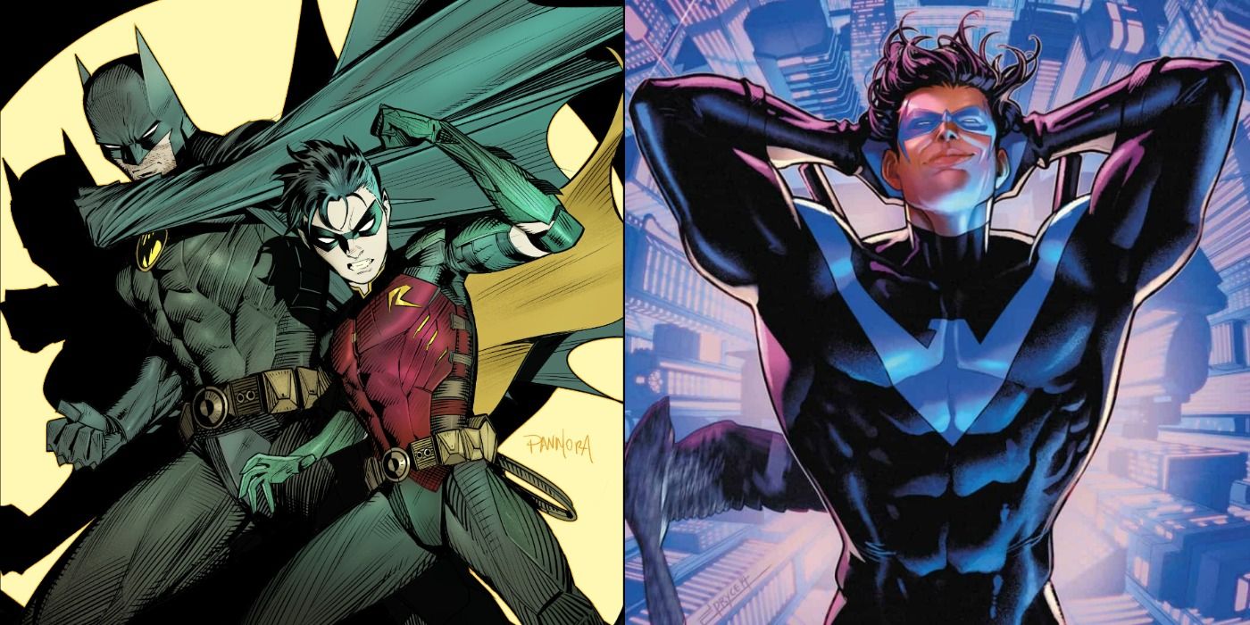 Split image of Batman and Robin shined under a spotlight, and Nightwing casually falling into the cityscape below