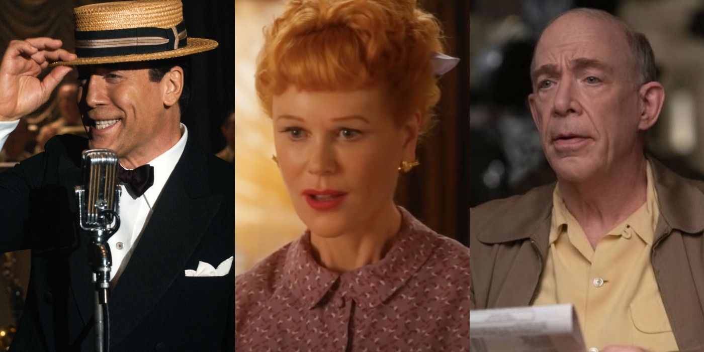 Split image of Javier Bardem, Nicole Kidman as Lucille Ball, and JK Simmons in Being The Ricardos