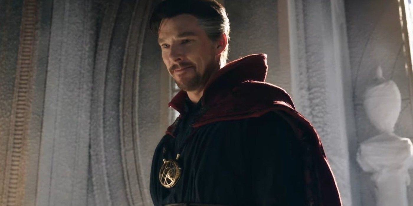 Doctor Strange smiling and looking down in Spider-Man No Way Home